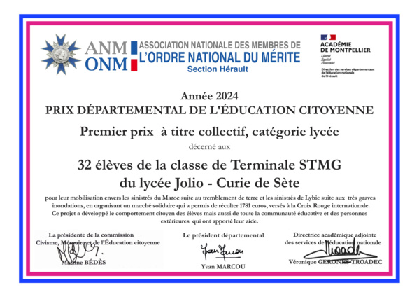 Premier prix départemental de l'Éducation citoyenne 2024 - Lycée