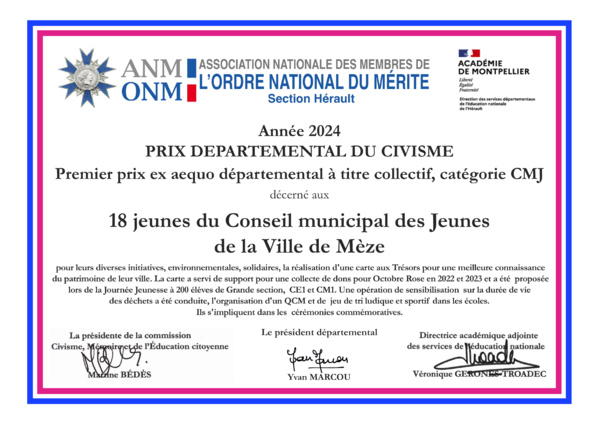 Premier prix ex aequo départemental du civisme 2024 pour la Jeunesse à titre collectif, catégorie CMJ