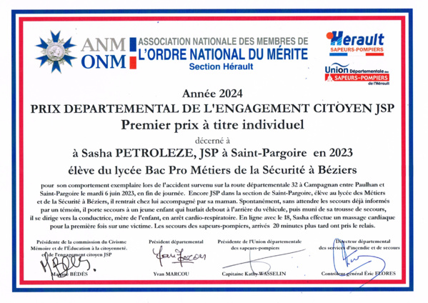 Premier prix départemental de l’engagement citoyen JSP 2024 - à titre individuel