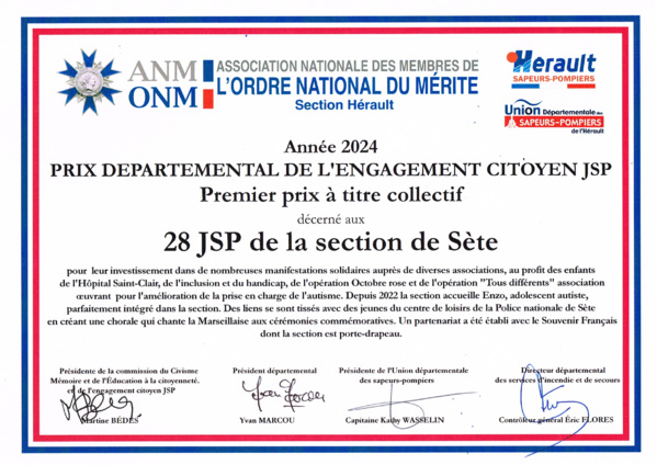 Premier prix départemental de l’engagement citoyen JSP 2024 - à titre collectif