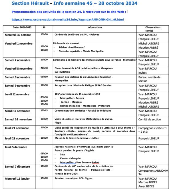 ANMONM 34 - Info semaine 44 - 2024