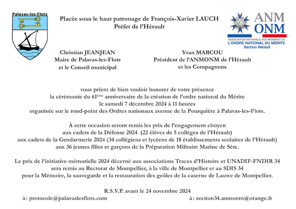 Samedi 7 décembre 2024 - Palavas-les-Flots - 61° anniversaire de la création de l'ordre national du Mérite avec remise de prix