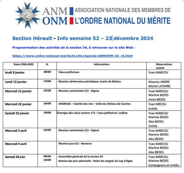 ANMONM 34 - Info semaine 52 - 2024