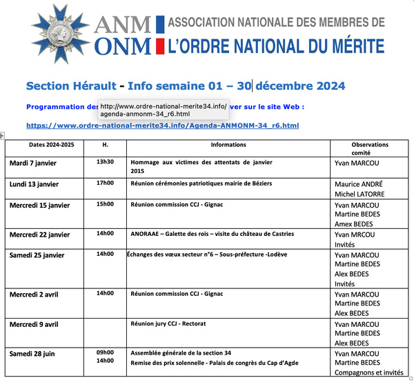 ANMONM 34 - Info semaine 01 - 2025