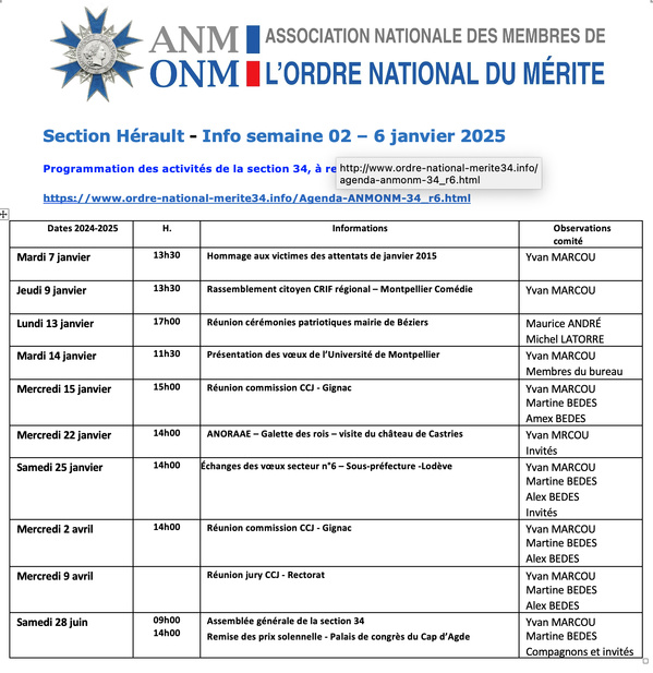 ANMONM 34 - Info semaine 02 - 2025