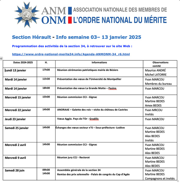 ANMONM 34 - Info semaine 03 - 2025