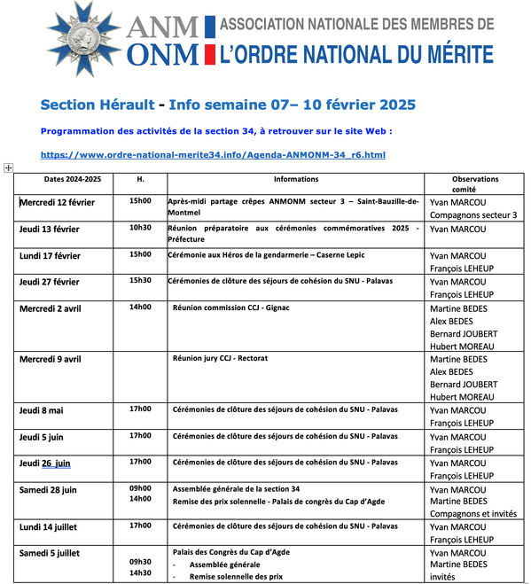 ANMONM 34 - Info semaine 07 - 2025