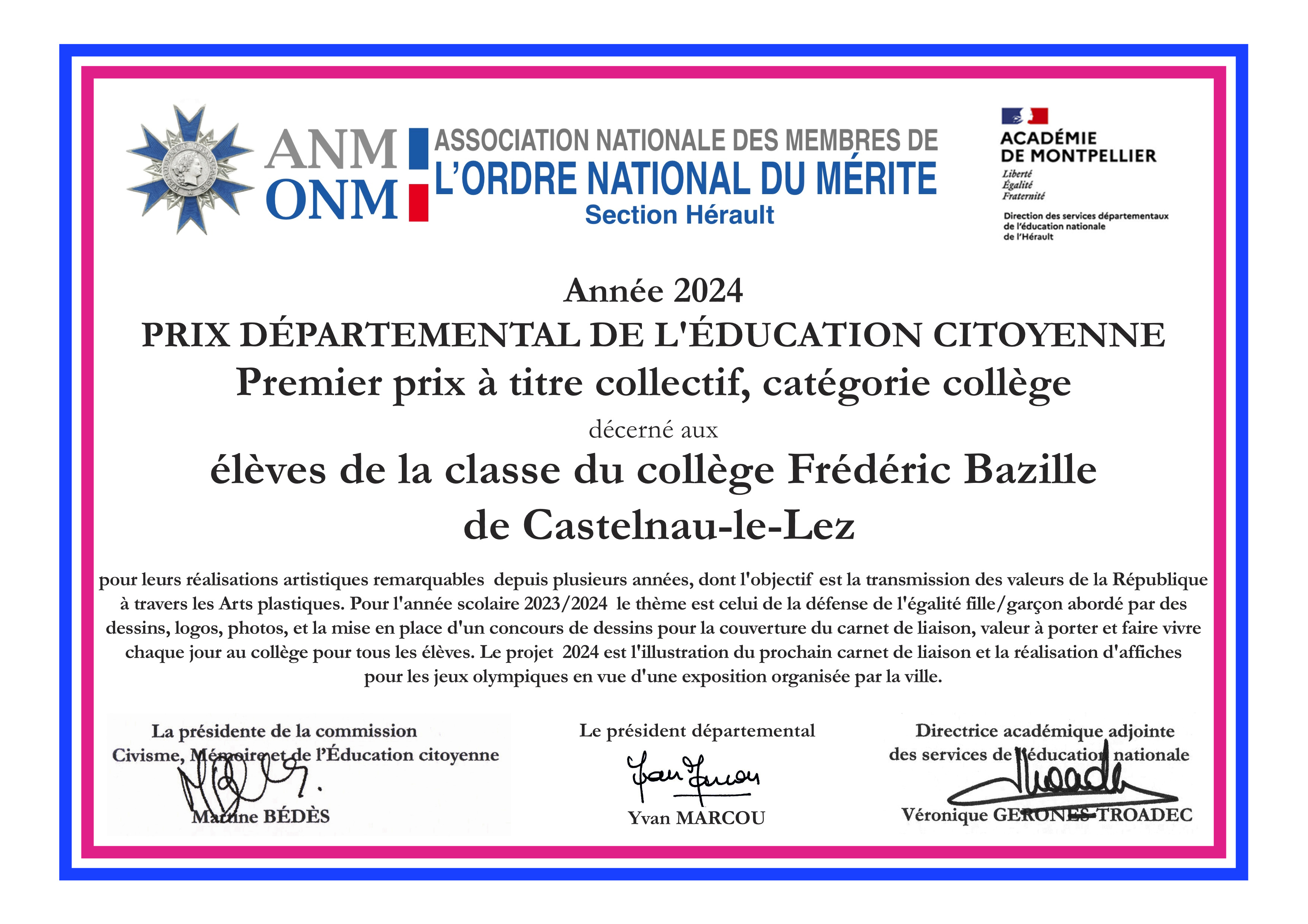 Premier prix départemental de l'Éducation citoyenne 2024 - Collège