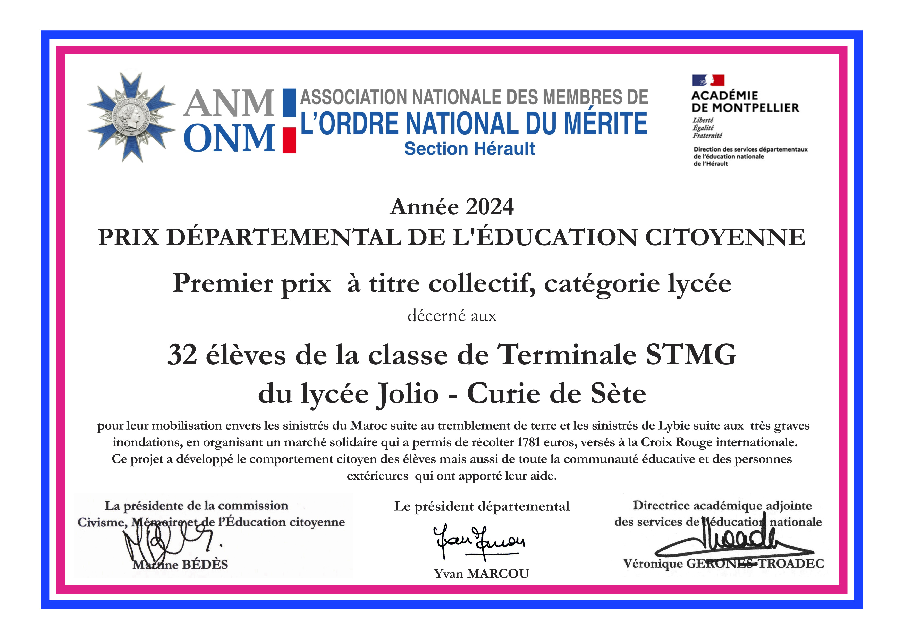 Premier prix départemental de l'Éducation citoyenne 2024 - Lycée