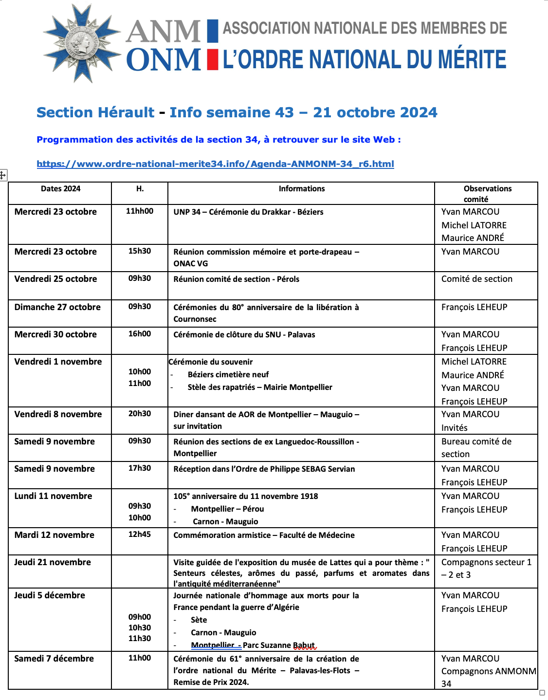 ANMONM 34 - Info semaine 43 - 2024