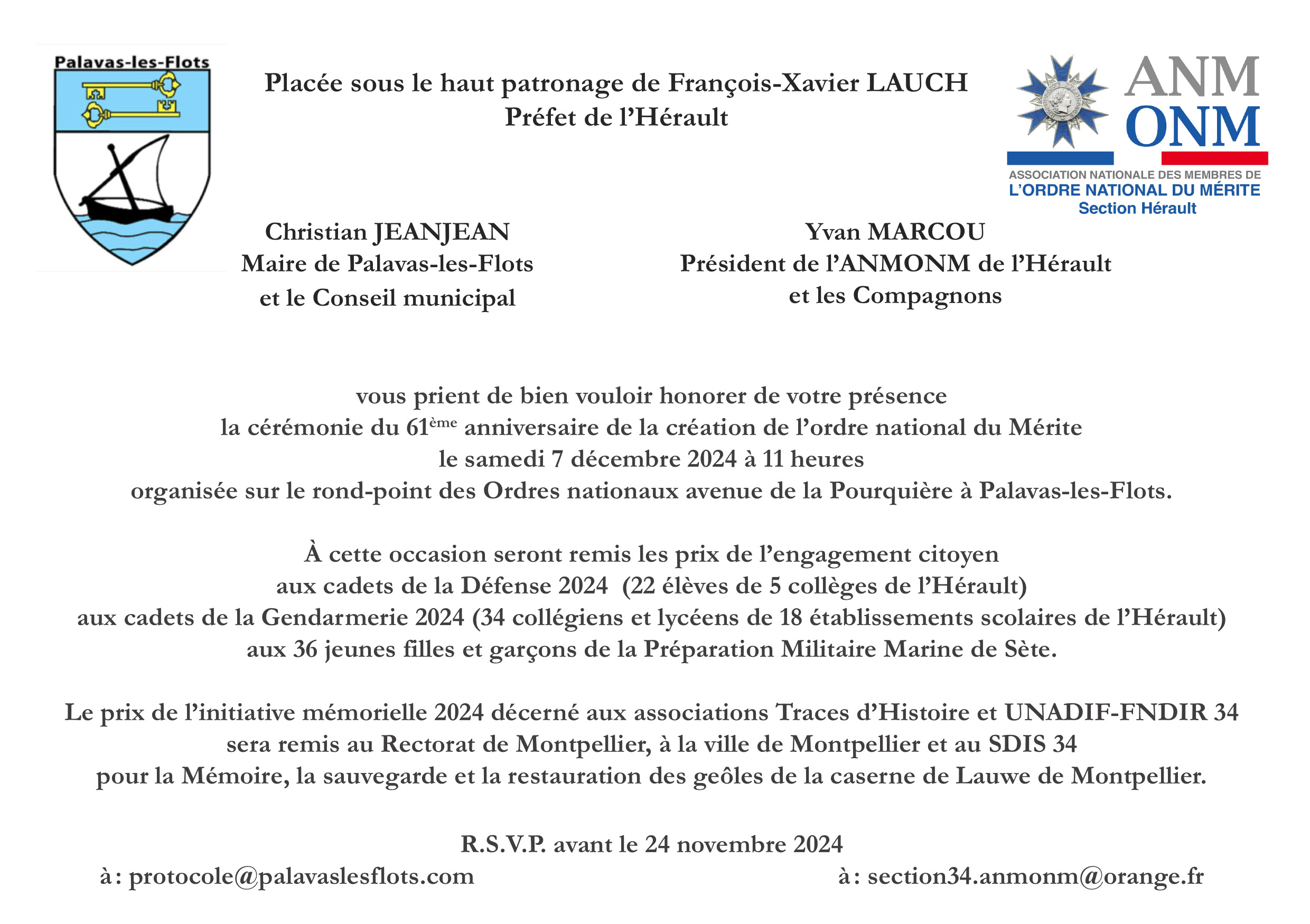 Samedi 7 décembre 2024 - Palavas-les-Flots - 61° anniversaire de la création de l'ordre national du Mérite avec remise de prix