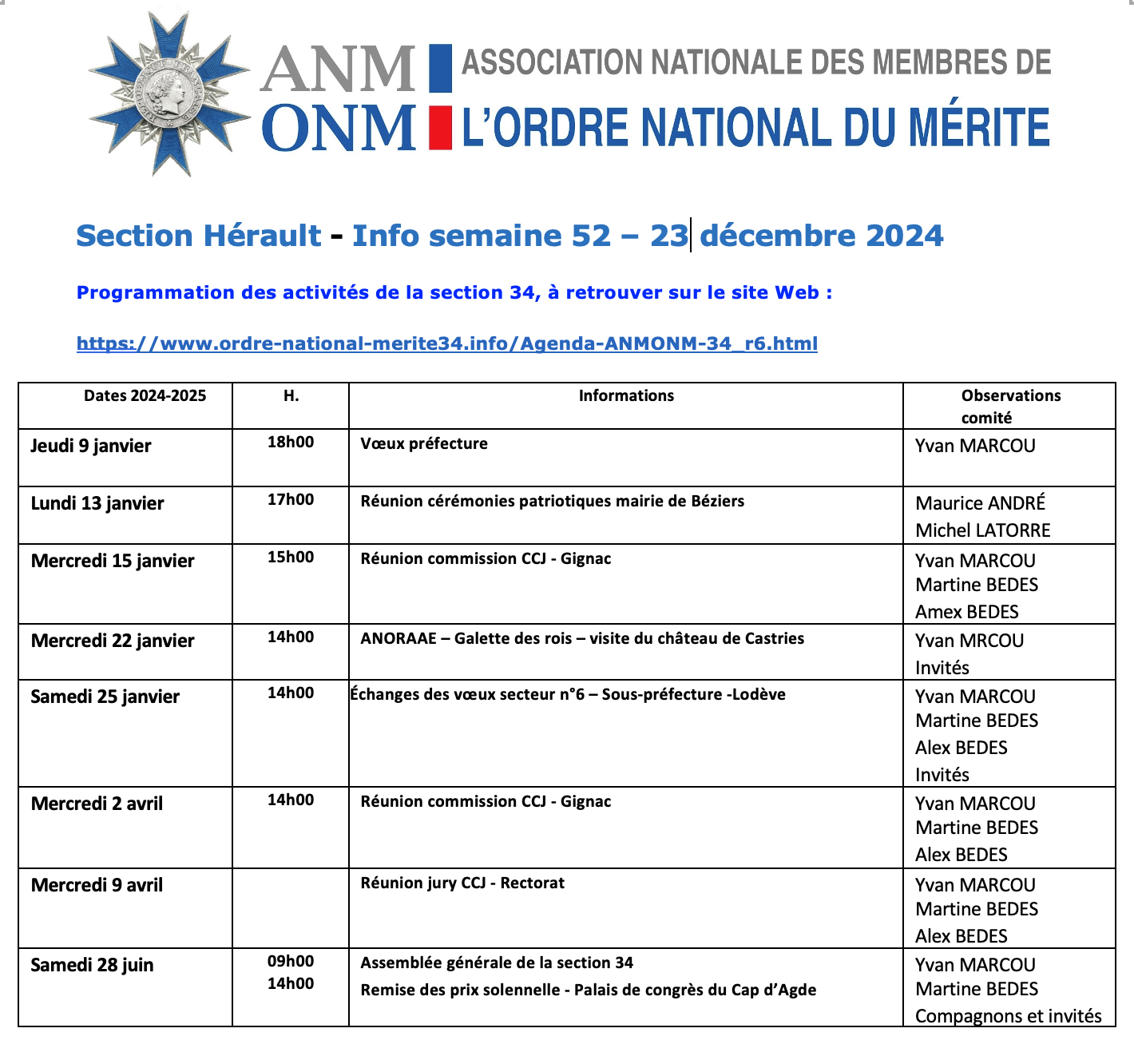 ANMONM 34 - Info semaine 52 - 2024