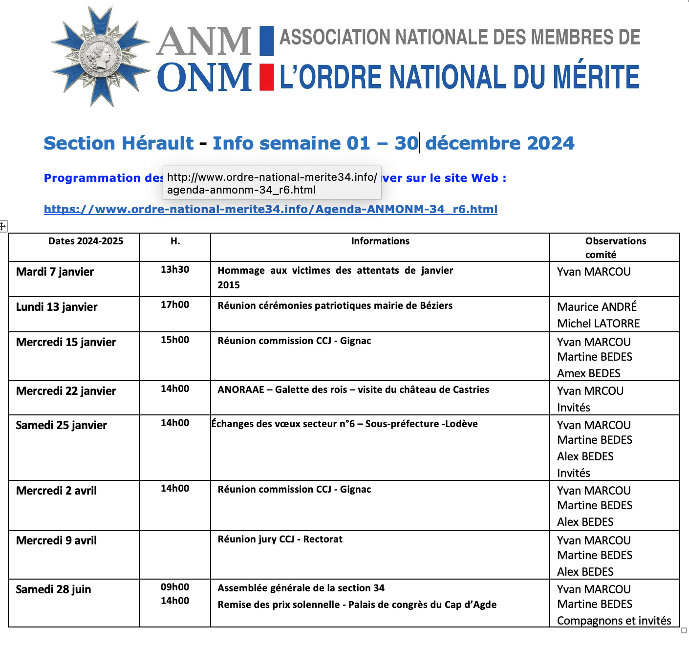 ANMONM 34 - Info semaine 01 - 2025