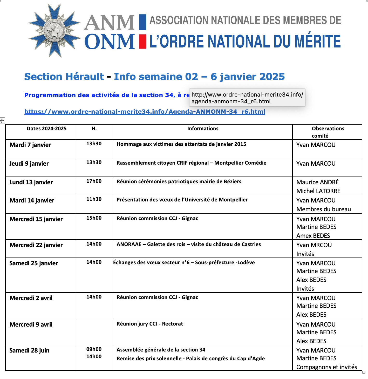 ANMONM 34 - Info semaine 02 - 2025