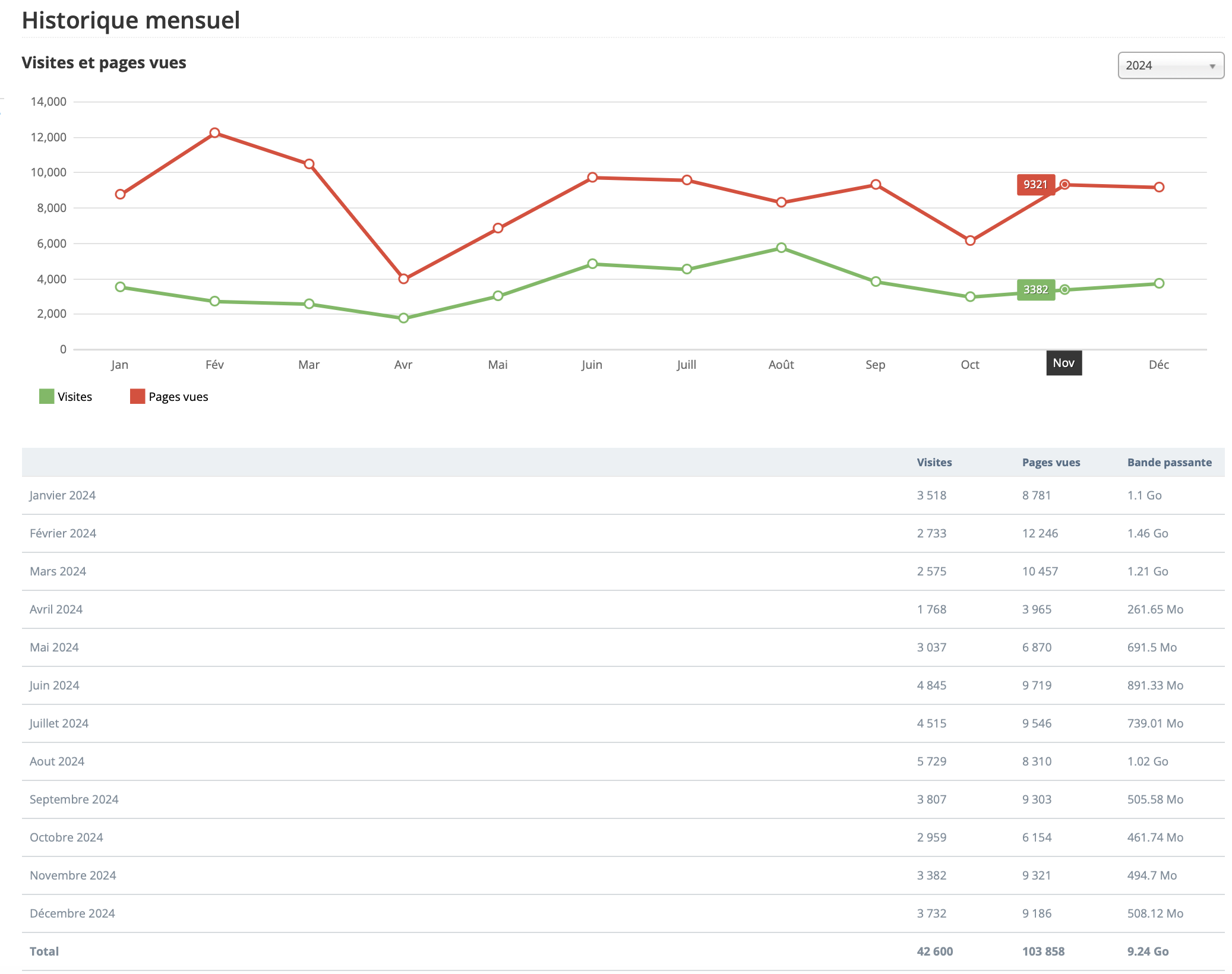 Statistiques visites année 2024