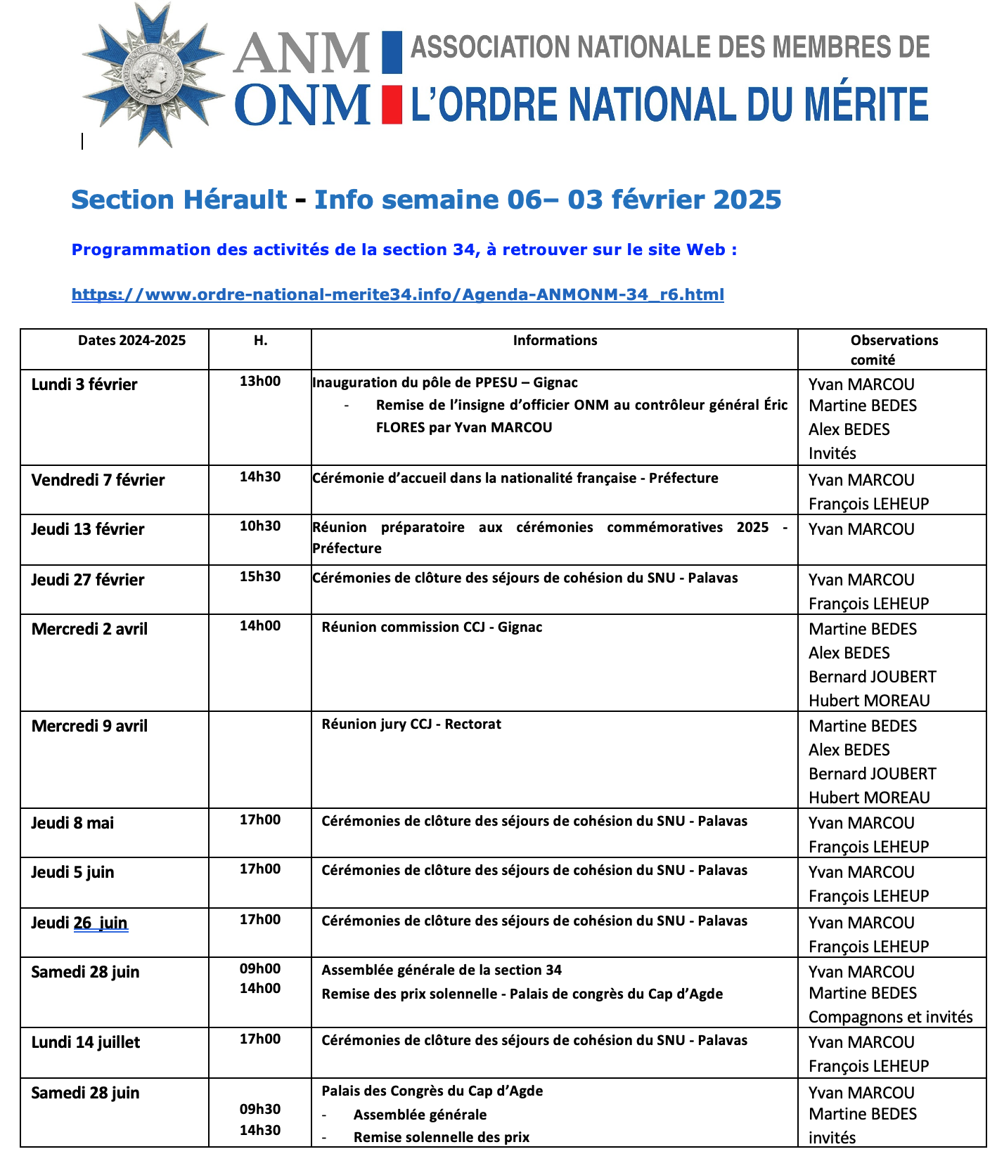 ANMONM 34 - Info semaine 06 - 2025