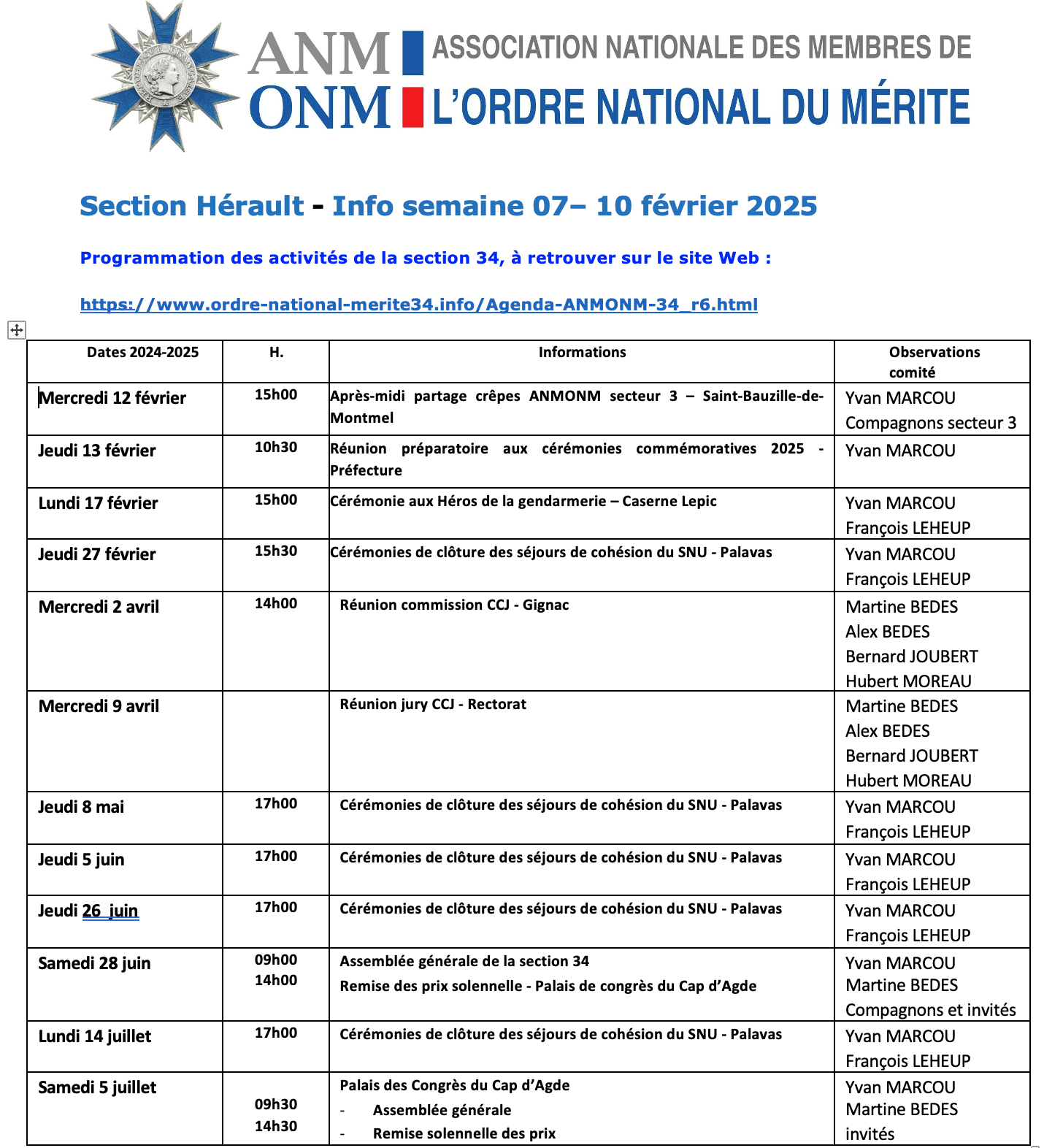 ANMONM 34 - Info semaine 07 - 2025